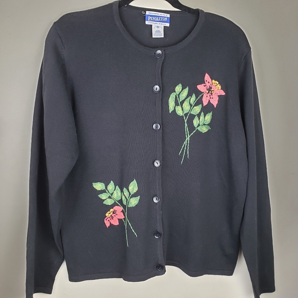 Pendleton Black Floral Embroidered Cardigan with Pink Flowers and Green Leaves